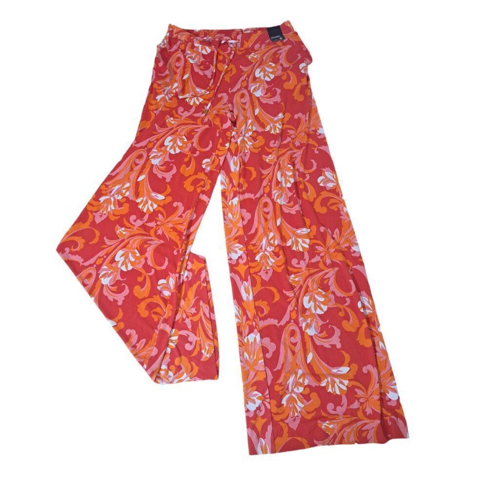 New York & Company Women's Printed Orange Palazzo Wide Leg Travel Pants Sz Small